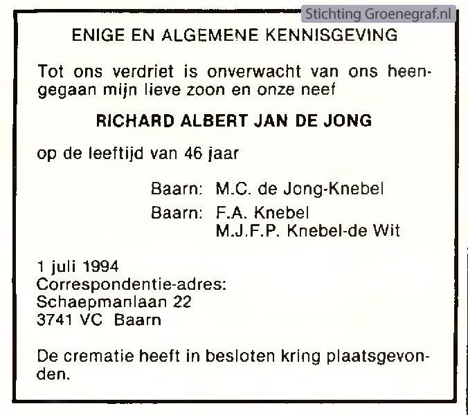 Overlijdensscan Richard Albert Jan  de Jong