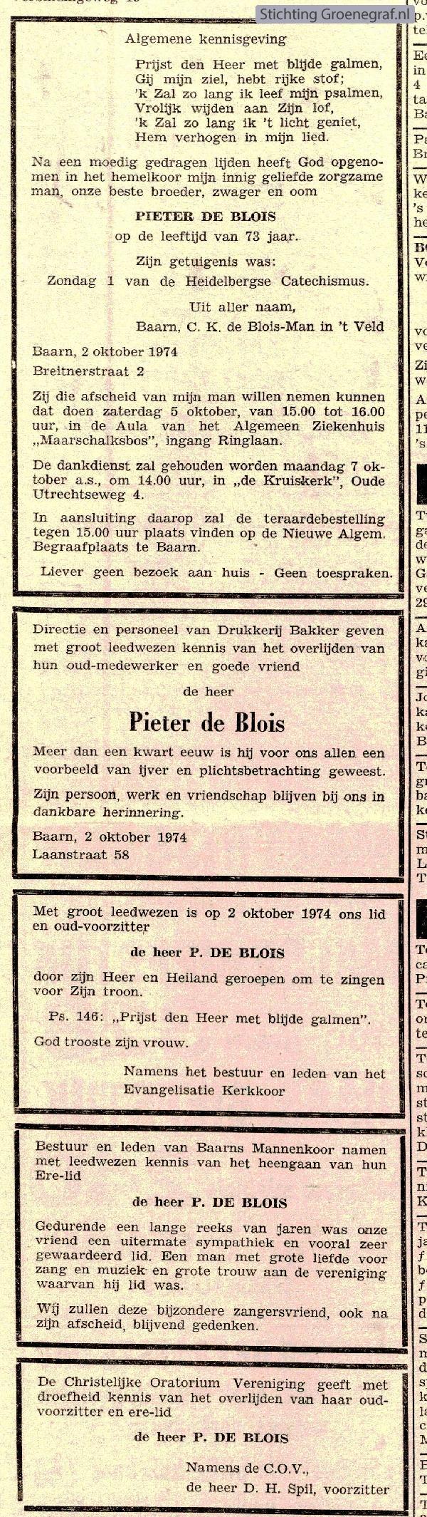 Overlijdensscan Pieter de Blois