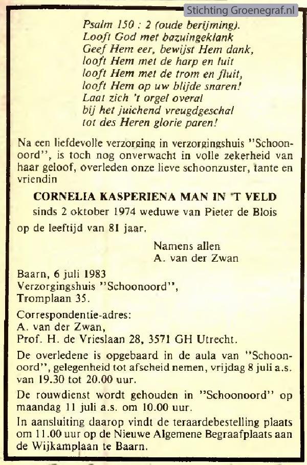 Overlijdensscan Cornelia Kasperiena  Man in 't Veld