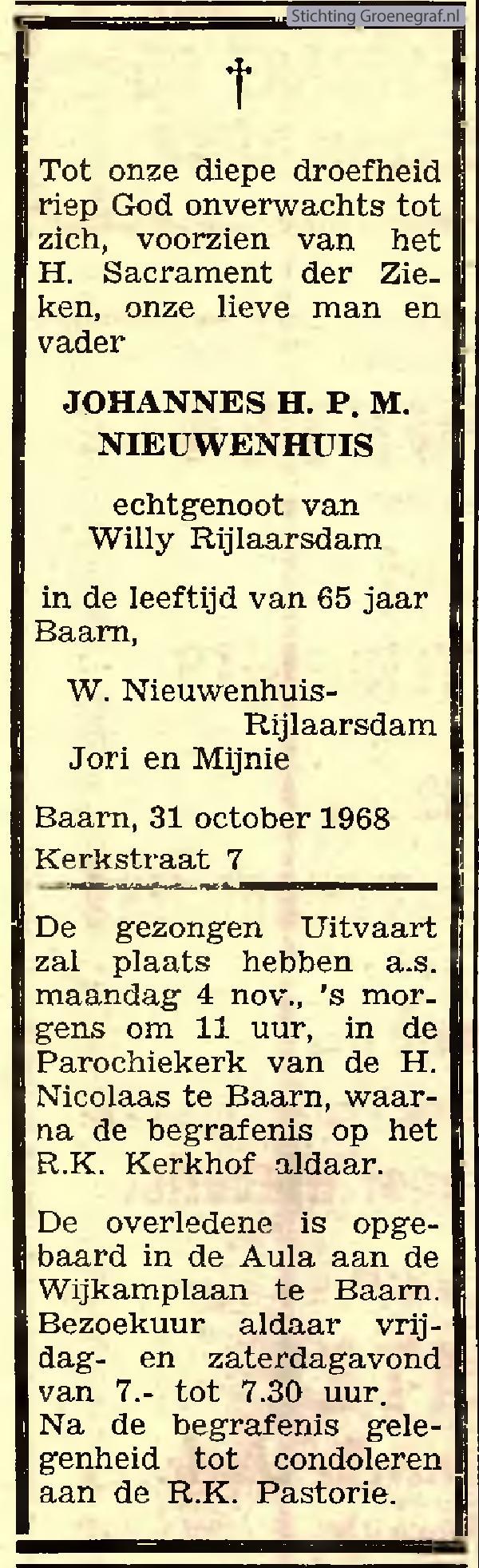 Overlijdensscan Jan Hendrik Petrus Maria   Nieuwenhuis