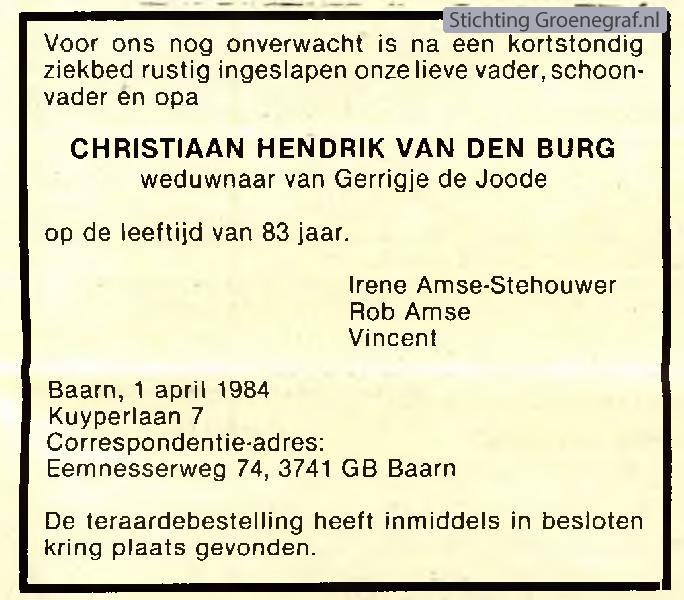 Overlijdensscan Christiaan Hendrik  van den  Burg