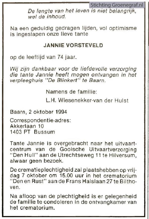 Overlijdensscan Janke  Vorsteveld