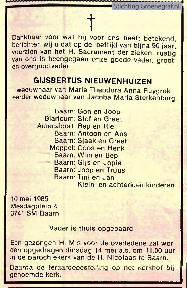 Overlijdensscan Gijsbertus  Nieuwenhuizen