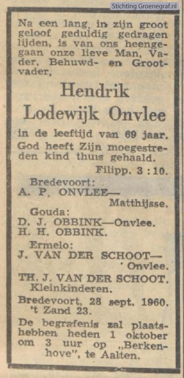 Overlijdensscan Hendrik Lodewijk  Onvlee