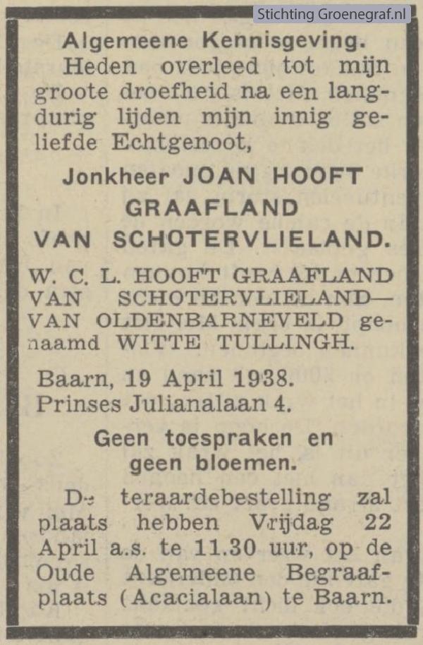Overlijdensscan Joan van Hooft Graafland van Schotervlieland