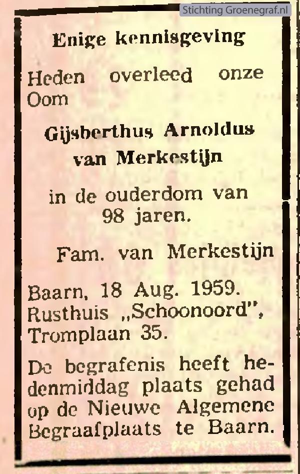 Overlijdensscan Gijsbertus Arnoldus van Merkestijn