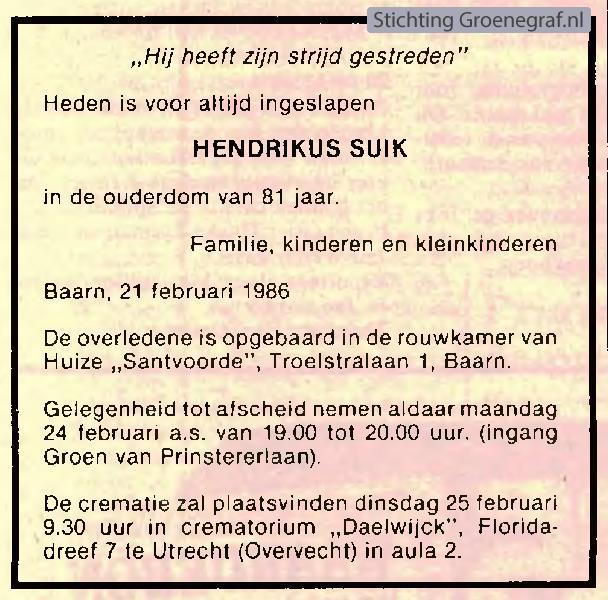 Overlijdensscan Hendricus  Suik