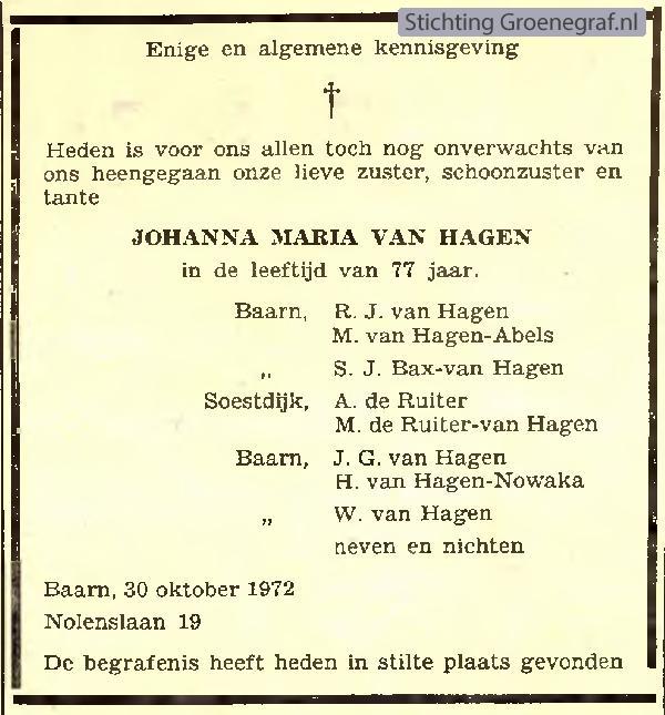 Overlijdensscan Johanna Maria van Hagen