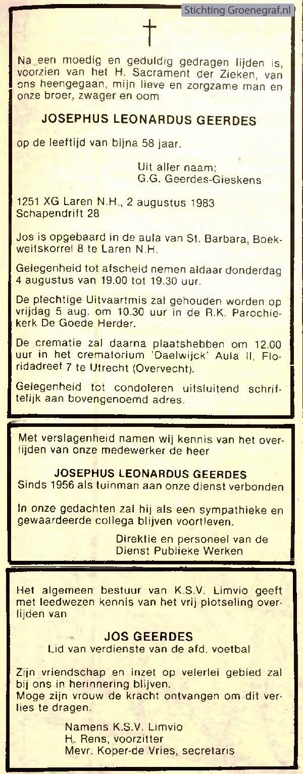 Overlijdensscan Josephus Leonardus  Geerdes