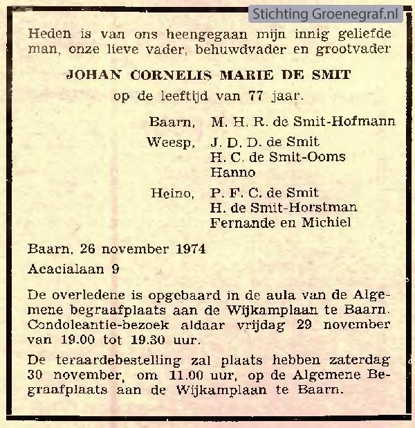 Overlijdensscan Johan Cornelis Marie de Smit