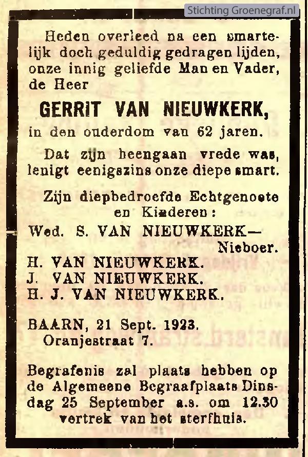 Overlijdensscan Gerrit van Nieuwkerk