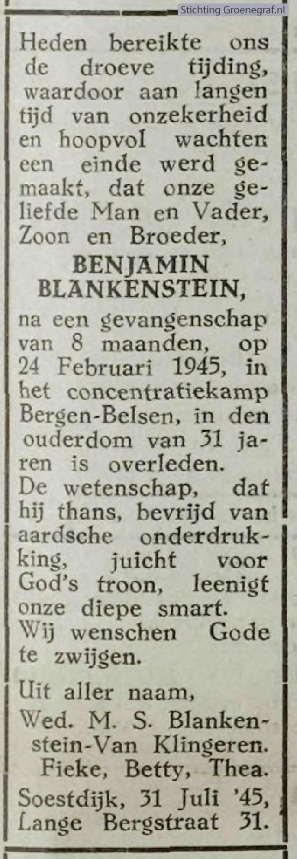 Overlijdensscan Benjamin  Blankenstein