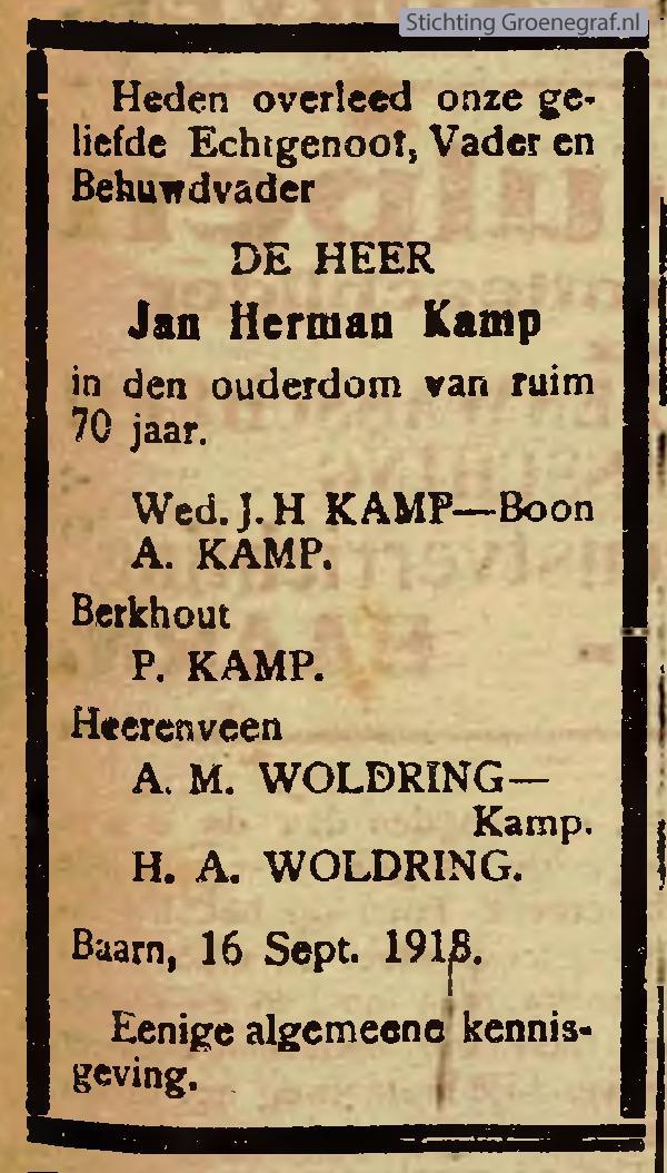 Overlijdensscan Jan Herman  Kamp