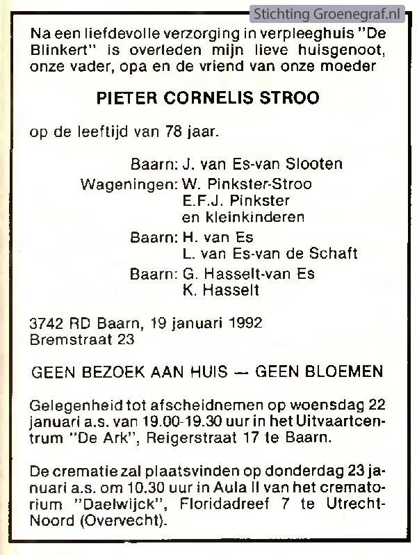 Overlijdensscan Pieter Cornelis   Stroo