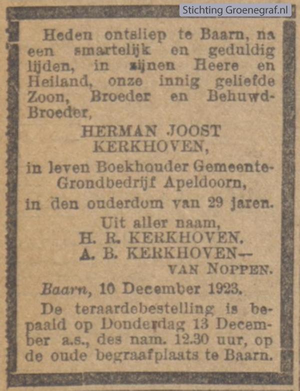 Overlijdensscan Herman Joost  Kerkhoven