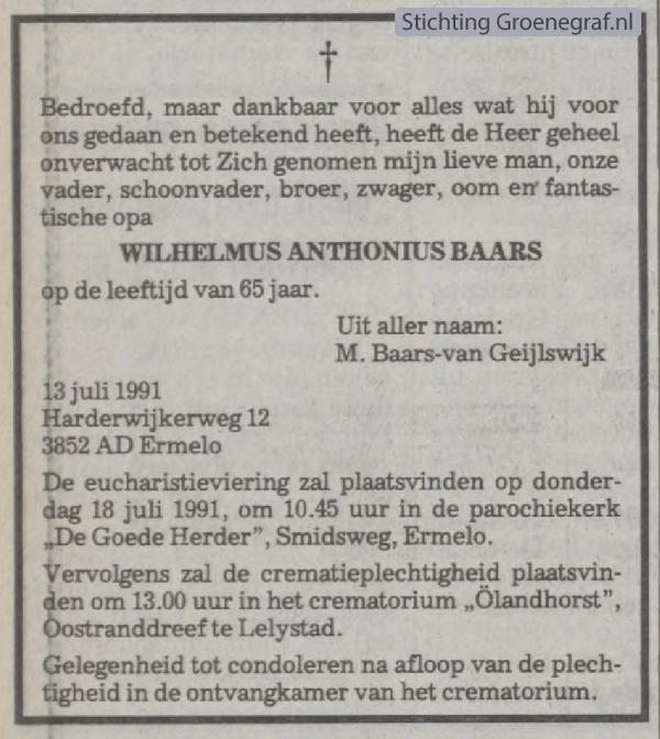 Overlijdensscan Wilhelmus Anthonius  Baars