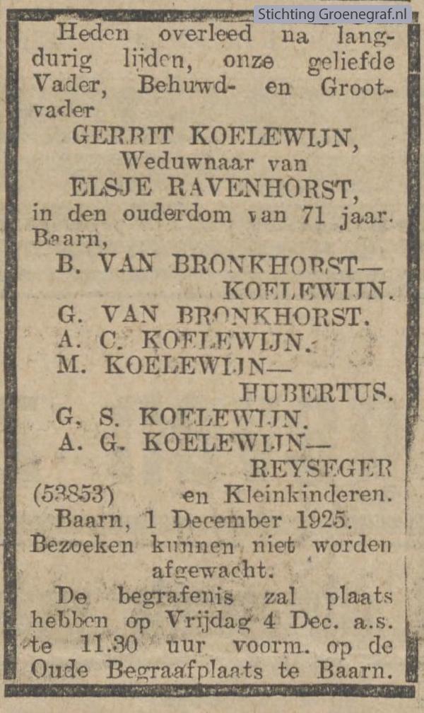 Overlijdensscan Gerrit  Koelewijn