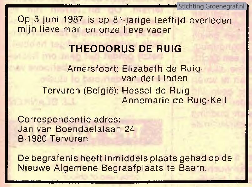 Overlijdensscan Theodorus de  Ruig