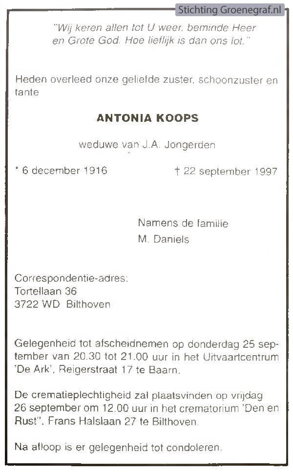 Overlijdensscan Antonia  Koops