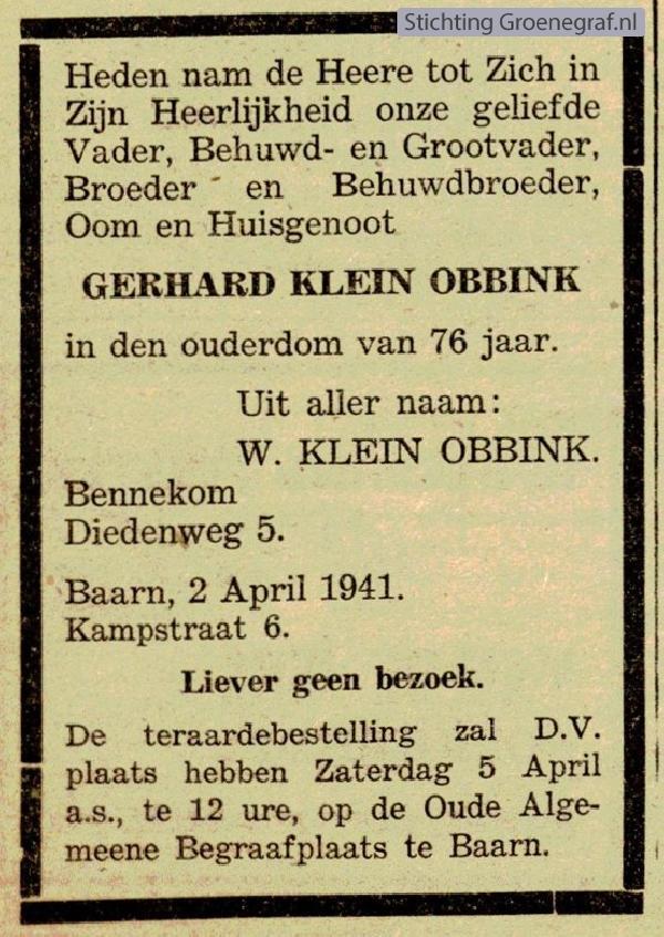 Overlijdensscan Gerhard  Klein Obbink
