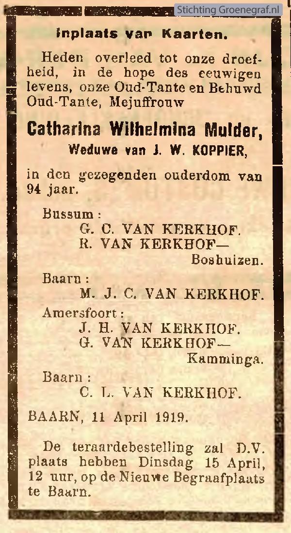 Overlijdensscan Catharina Wilhelmina  Mulder