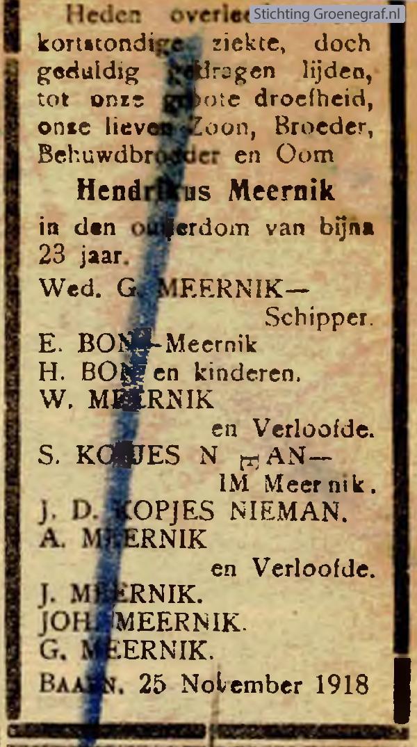 Overlijdensscan Hendrikus  Meernik