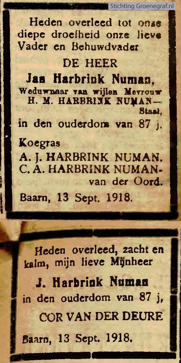 Overlijdensscan Jan  Harbrink Numan