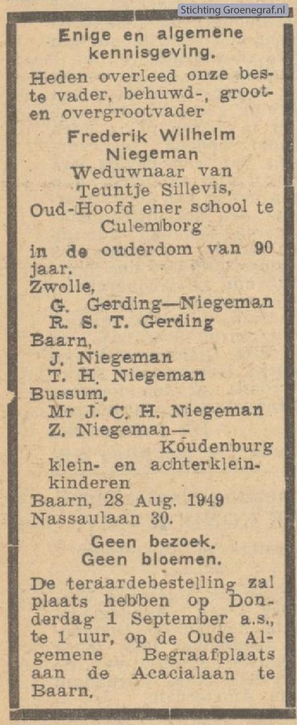 Overlijdensscan Frederik Willem  Niegeman