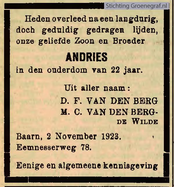 Overlijdensscan Andries Adrianus Albertus van den Berg