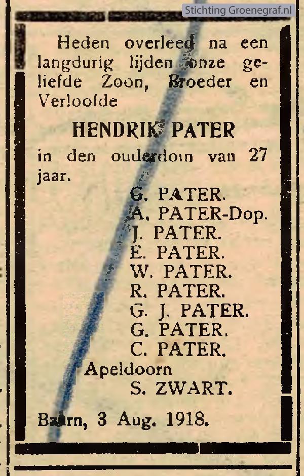 Overlijdensscan Hendrik  Pater