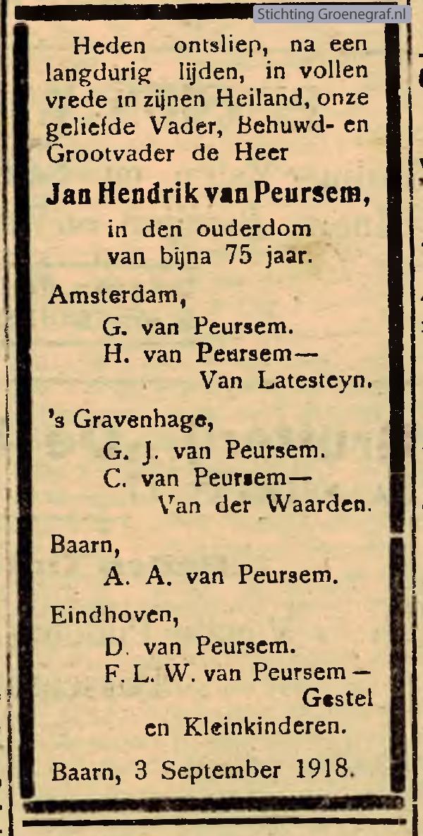 Overlijdensscan Jan Hendrik van Peursem