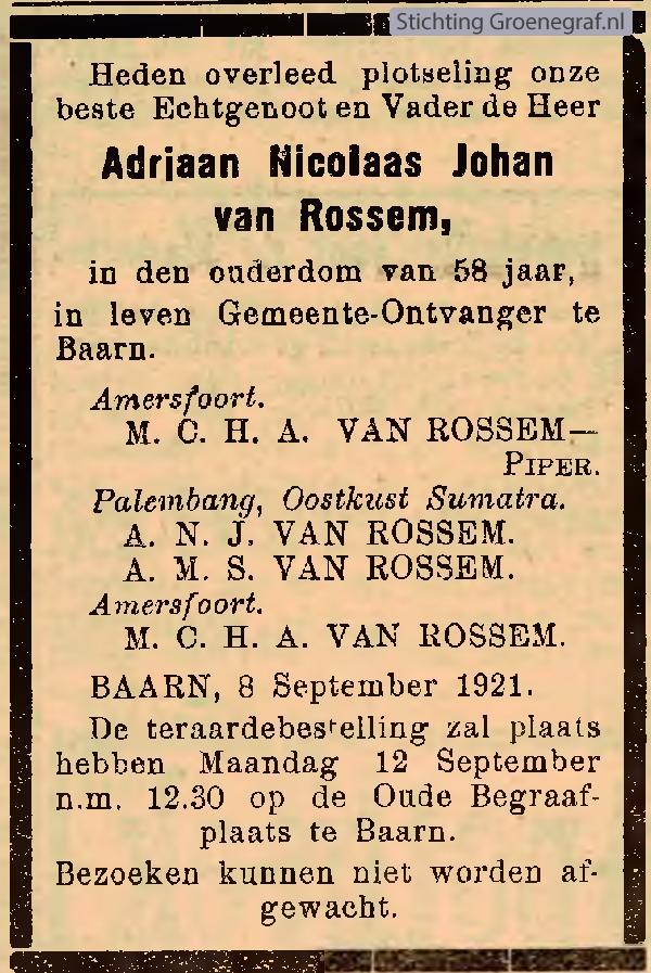 Overlijdensscan Adriaan Nicolaas Johan van Rossem