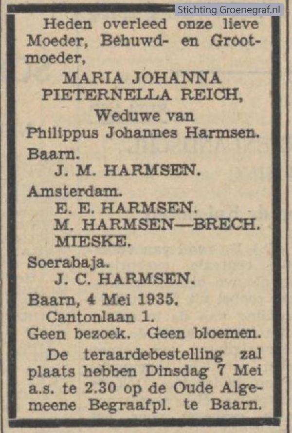 Overlijdensscan Maria Johanna Pieternella  Reich
