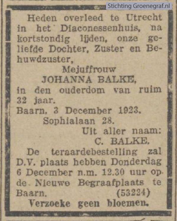 Overlijdensscan Johanna  Balke
