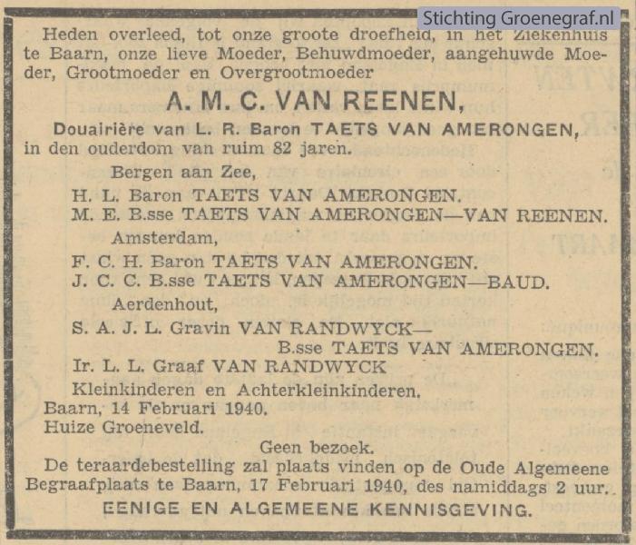 Overlijdensscan Agneta Margaretha Catharina van Reenen