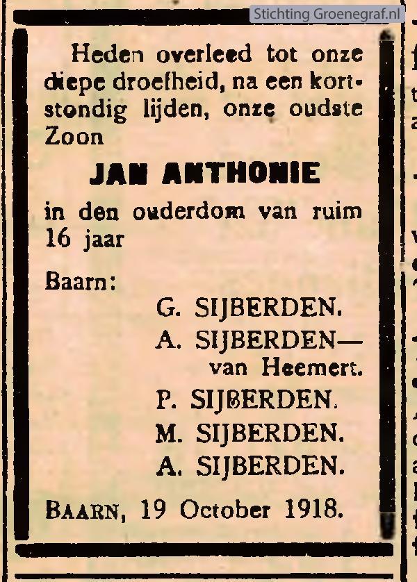 Overlijdensscan Jan Anthonie  Sijberden