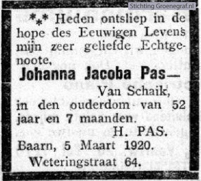 Overlijdensscan Johanna Jacoba van Schaik