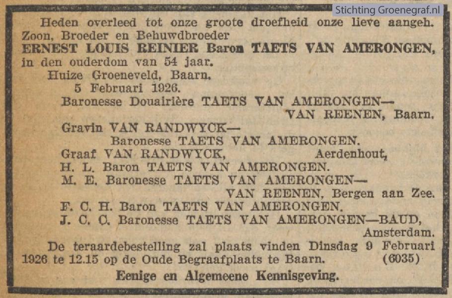 Overlijdensscan Ernest Louis Reinier Baron Taets van Amerongen