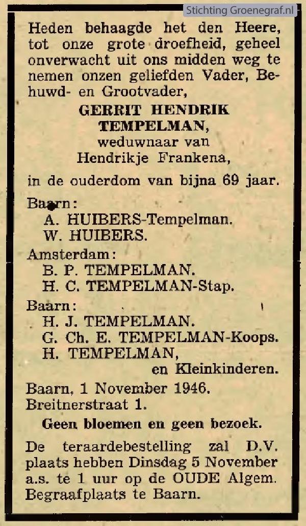 Overlijdensscan Gerrit Hendrik  Tempelman