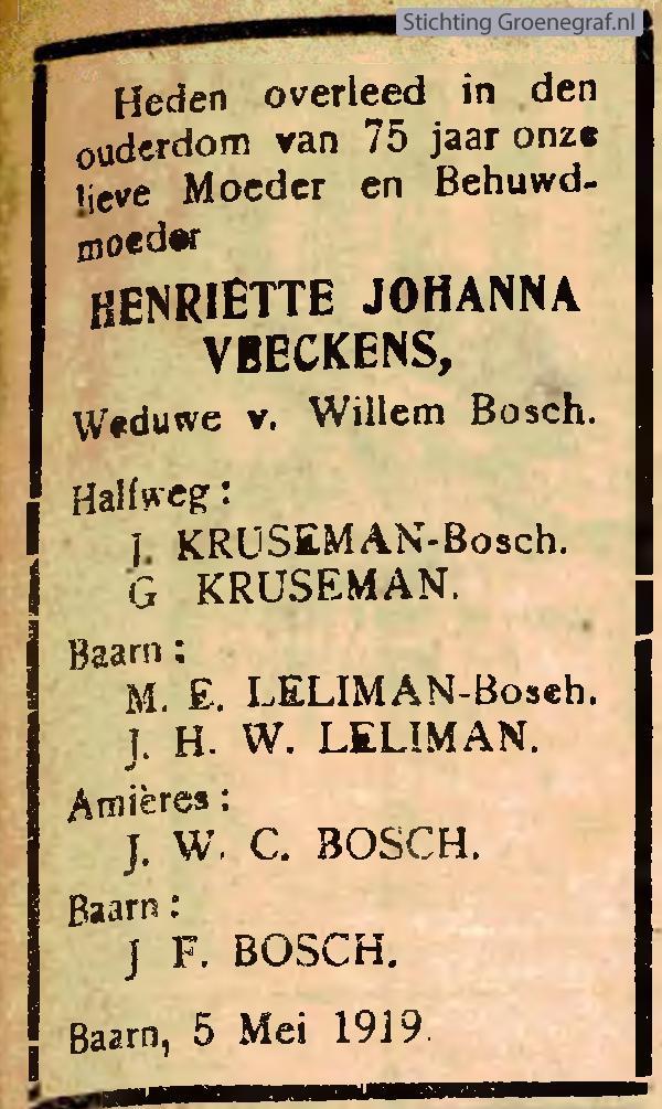 Overlijdensscan Henriette Johanna  Veeckens