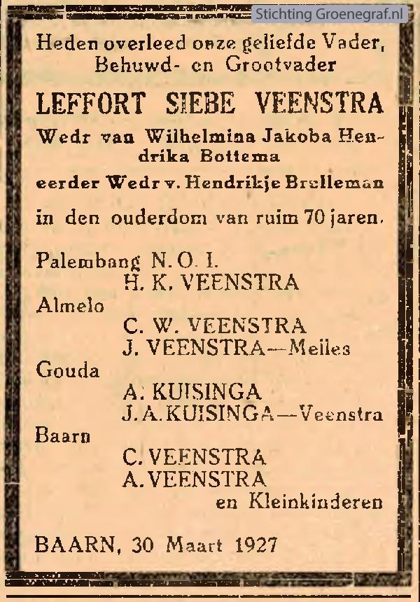 Overlijdensscan Wilhelmina Jacoba Hendrika  Veenstra