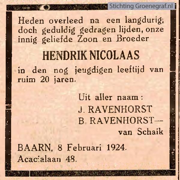 Overlijdensscan Hendrik Nicolaas  Ravenhorst