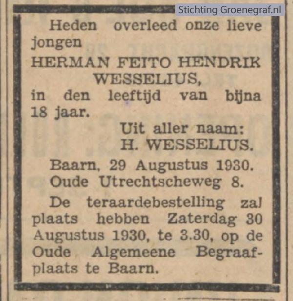 Overlijdensscan Hermanus Feito Hendrik  Wesselius