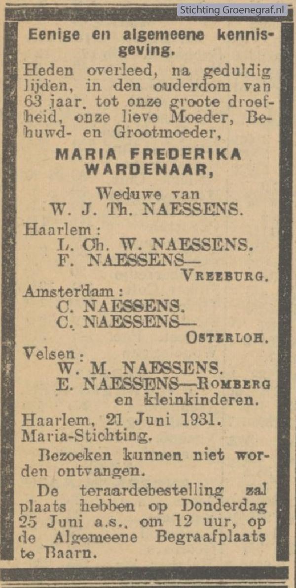 Overlijdensscan Maria Frederika  Wardenaar