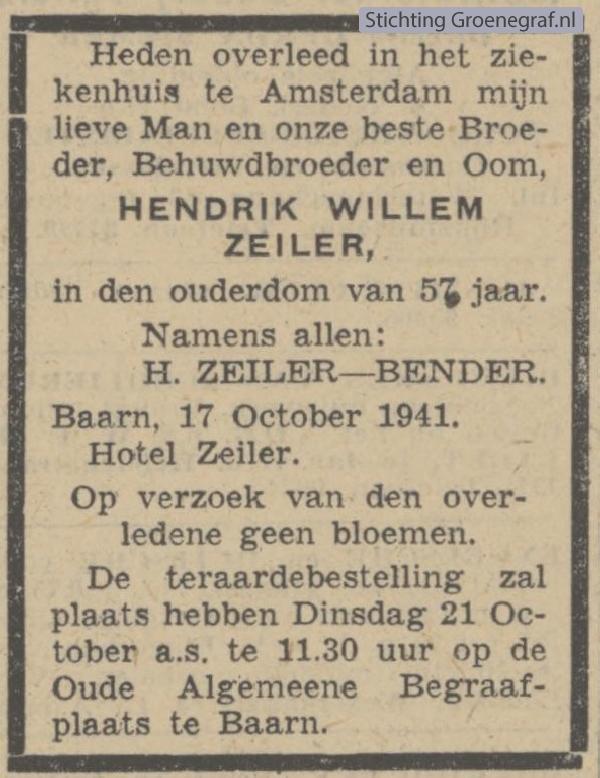 Overlijdensscan Hendrik Willem  Zeiler