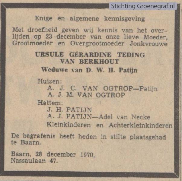 Overlijdensscan Ursula Gerardine  Teding van Berkhout