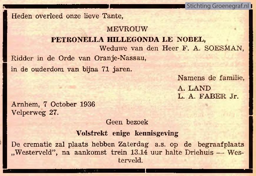 Overlijdensscan Petronella Hillegonda le Nobel