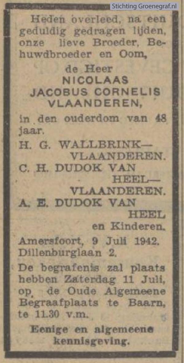 Overlijdensscan Nicolaas Jacobus Cornelis  Vlaanderen