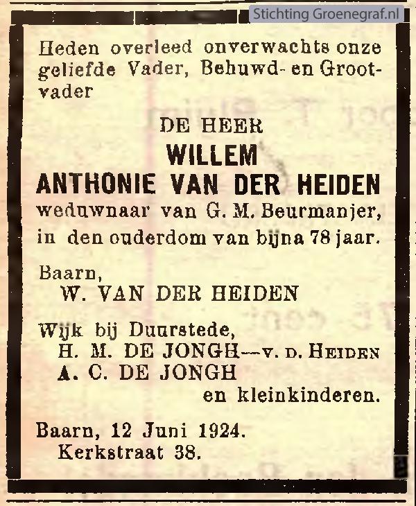 Overlijdensscan Willem Anthonie van der Heiden