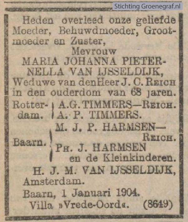 Overlijdensscan Maria Johanna Pieternella van Ijsseldijk